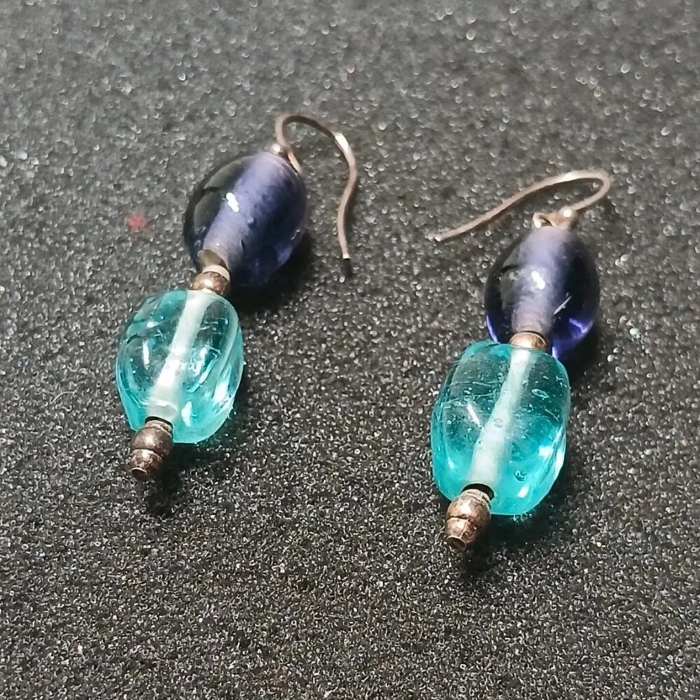 Sterling Silver Dangle Earrings Aqua Cobalt Beads Unmarked Artisan 2” Boho
